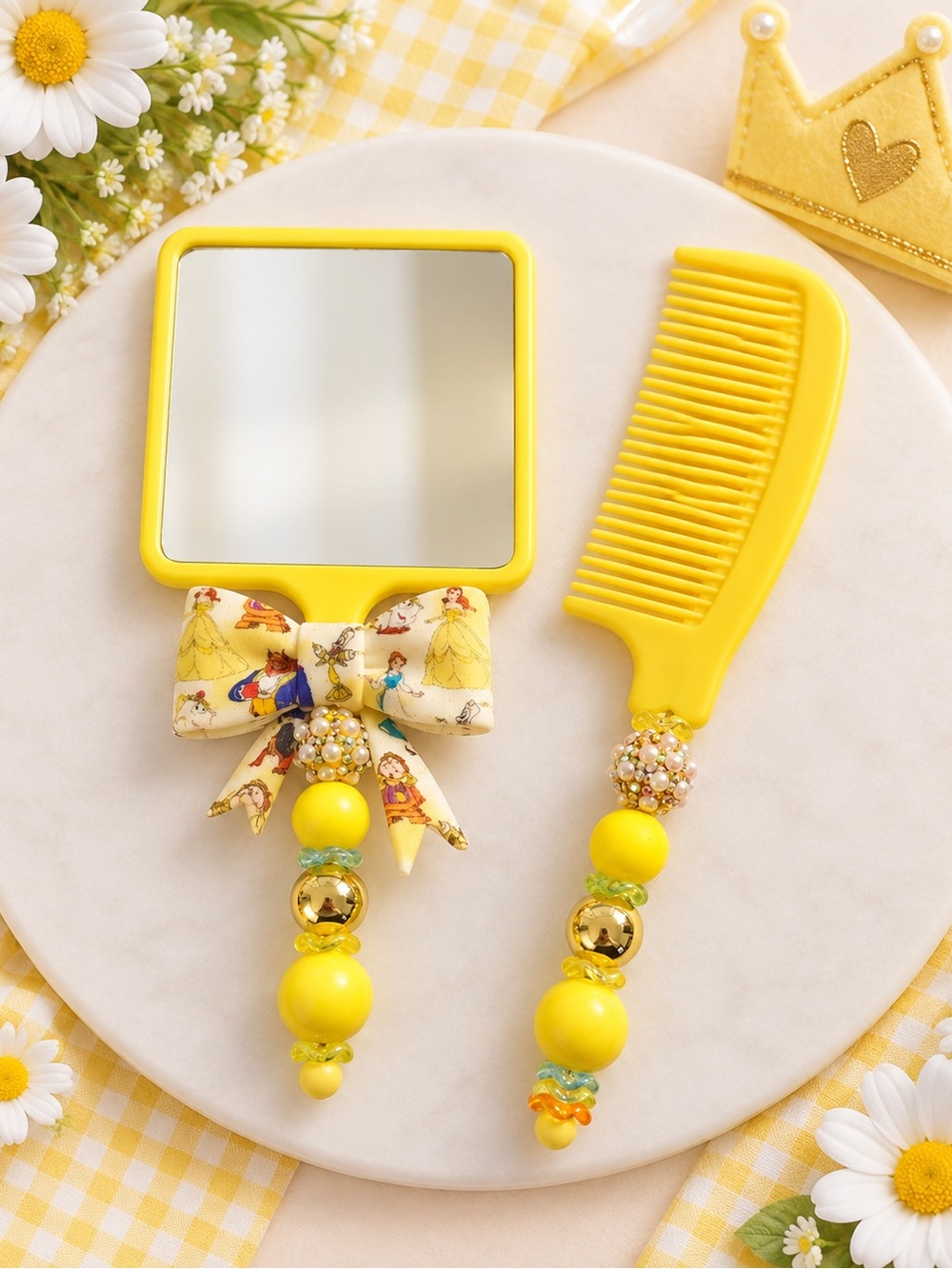 Hand Crafted Bright Yellow Kids Mirror & Comb Set with Beaded Bow Accent